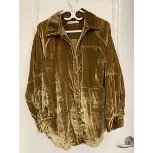 We The Free Luxy Solid Crushed Velvet Button Down Shirt Gold Medium Oversized